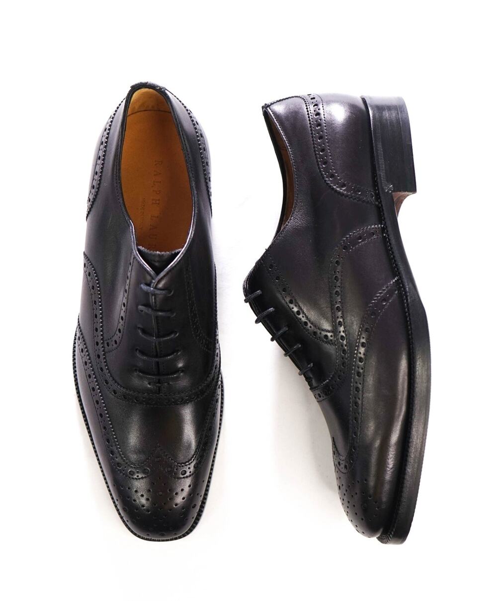 $1,350 RALPH LAUREN - Black Leather Wingtip Oxfords - 9 E